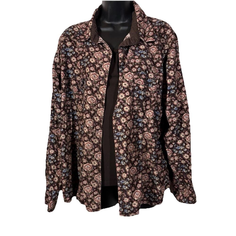 Classic Blues Womens Corduroy Floral Button Down Shirt Long Sleeve Brown Pink 1X